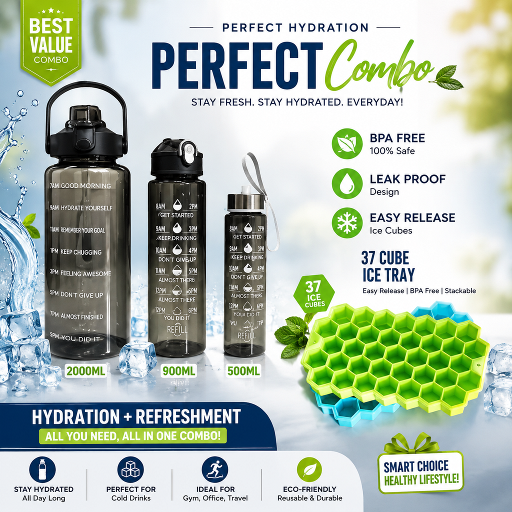 Hydra Chill Combo – 3 Motivational Water Bottles + Honeycomb Ice Cube Tray
