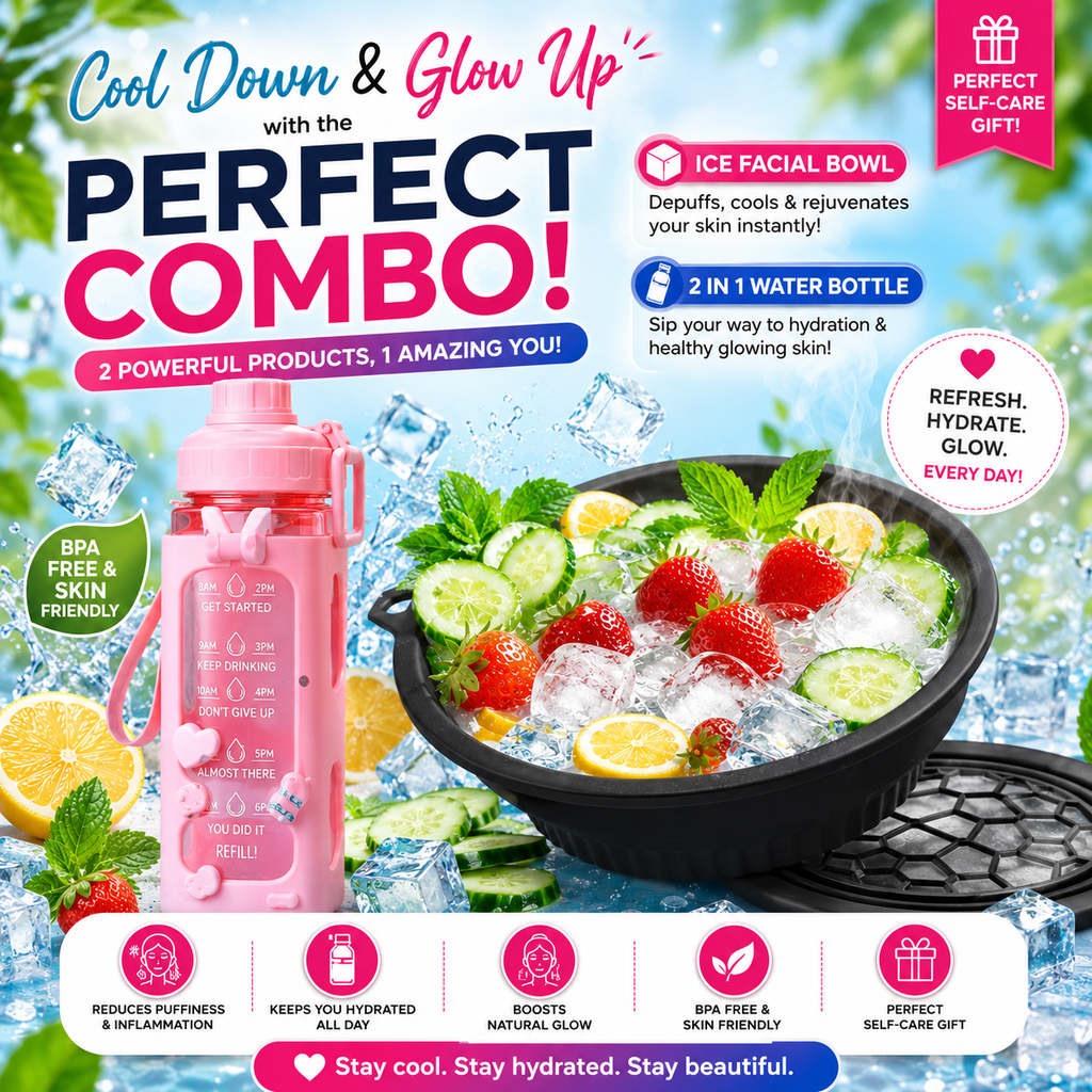 Glow & Hydrate Combo – Kawaii Water Bottle + Silicone Facial Ice Bowl