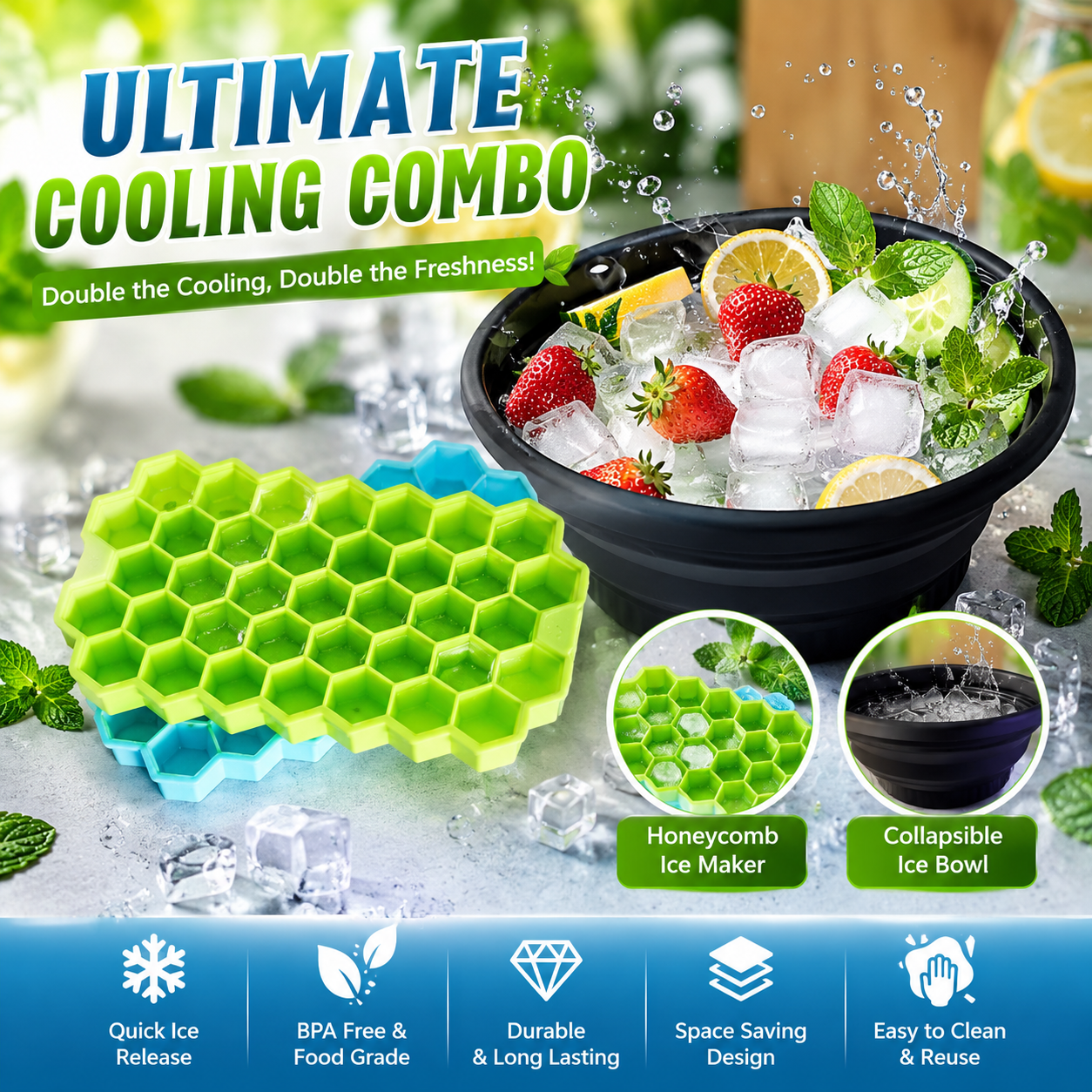 Ice Glow Combo – Silicone Facial Ice Bowl + Honeycomb Ice Cube Tray