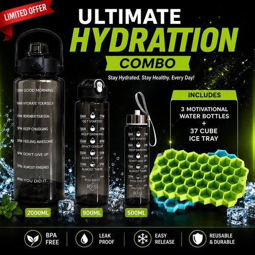 Hydra Chill Combo – 3 Motivational Water Bottles + Honeycomb Ice Cube Tray