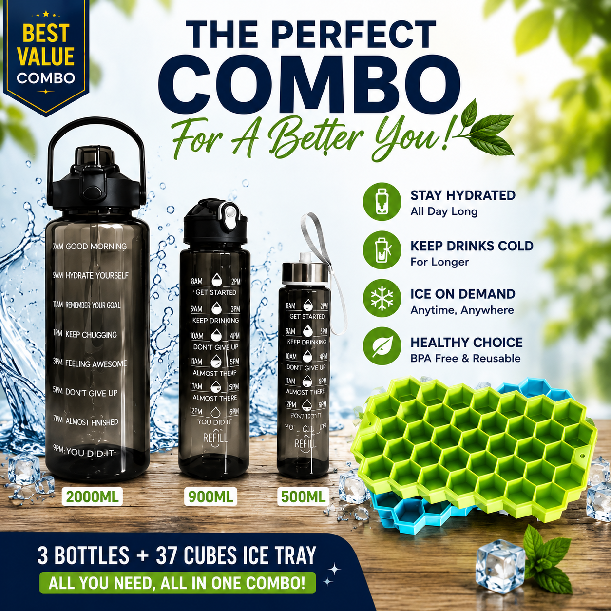 Hydra Chill Combo – 3 Motivational Water Bottles + Honeycomb Ice Cube Tray