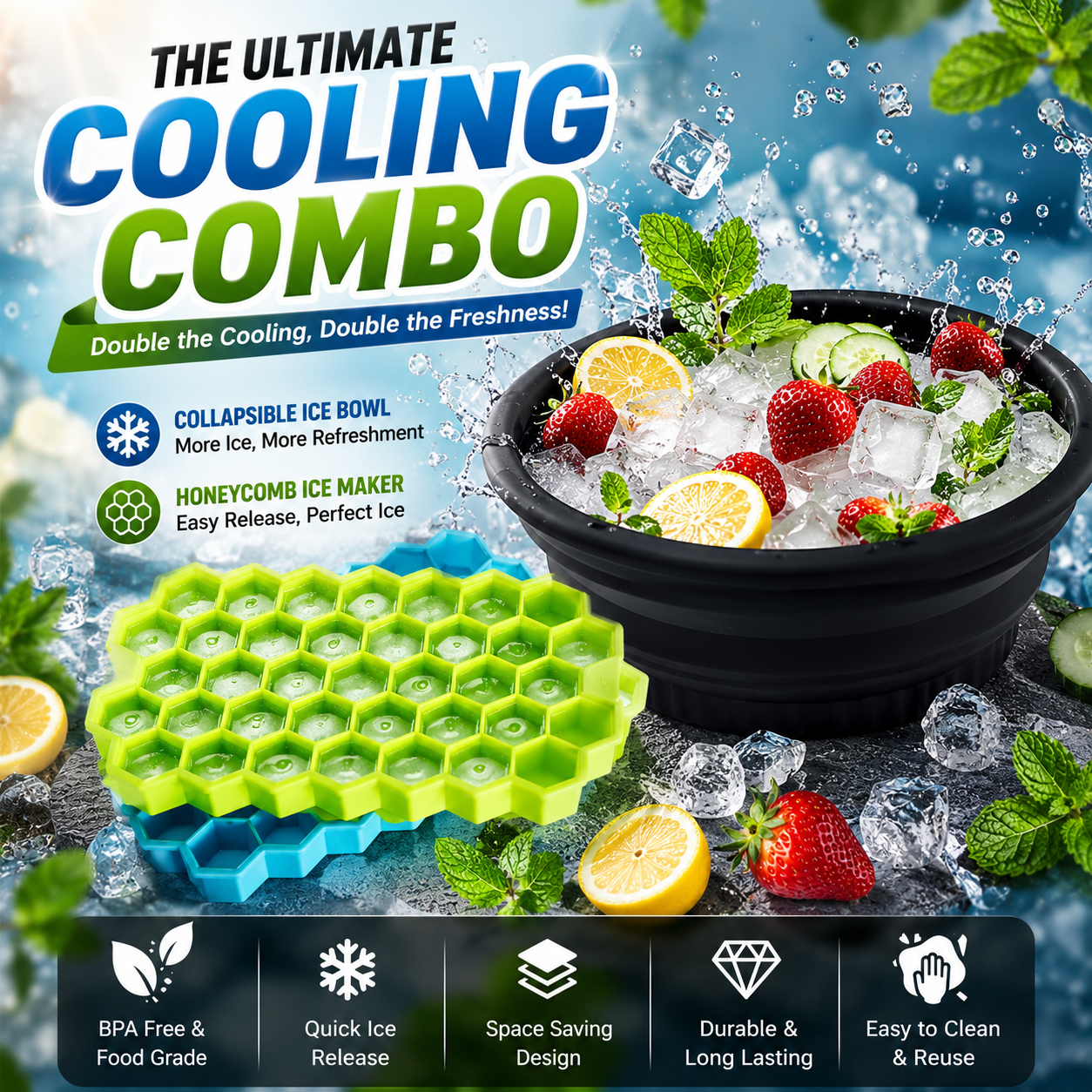 Ice Glow Combo – Silicone Facial Ice Bowl + Honeycomb Ice Cube Tray