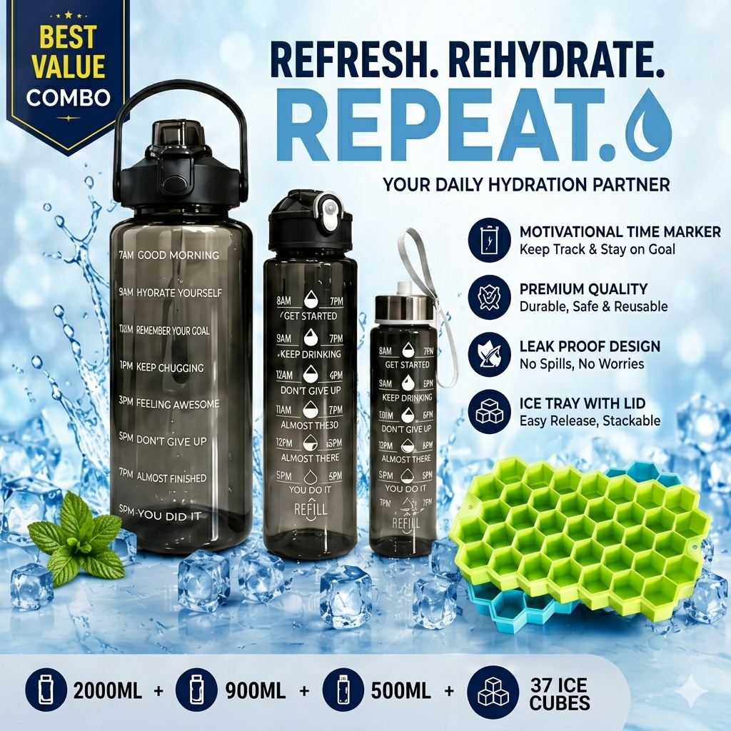 Hydra Chill Combo – 3 Motivational Water Bottles + Honeycomb Ice Cube Tray