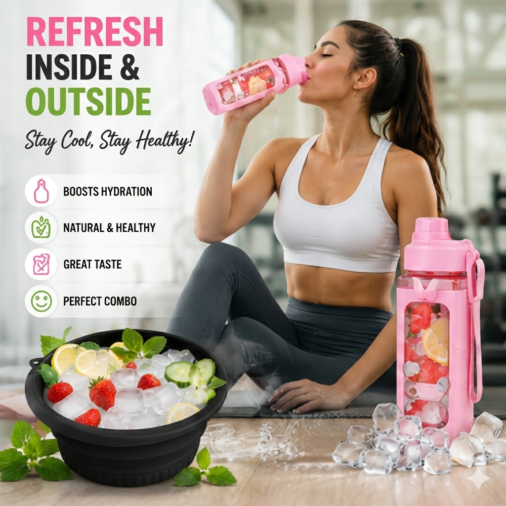 Glow & Hydrate Combo – Kawaii Water Bottle + Silicone Facial Ice Bowl