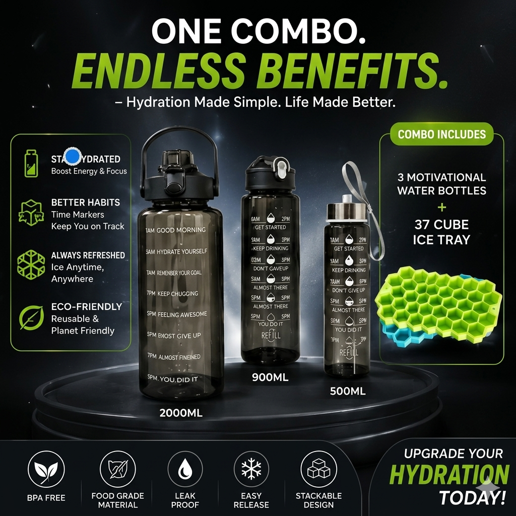 Hydra Chill Combo – 3 Motivational Water Bottles + Honeycomb Ice Cube Tray